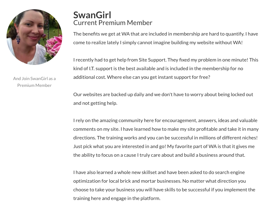 Wealthy Affiliate Testimonials Swan Girl