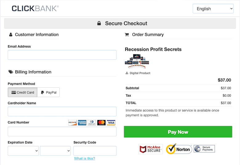 clickbank checkout page about price of Recession Profit Secrets